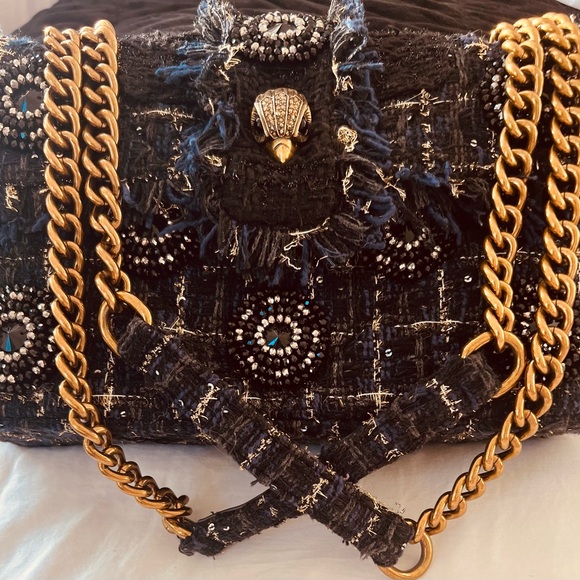 KURT GEIGER NAVY & BLACK EMBELLISHED with Gold Accent Tweed Handbag - Gold Chain - Picture 2 of 16